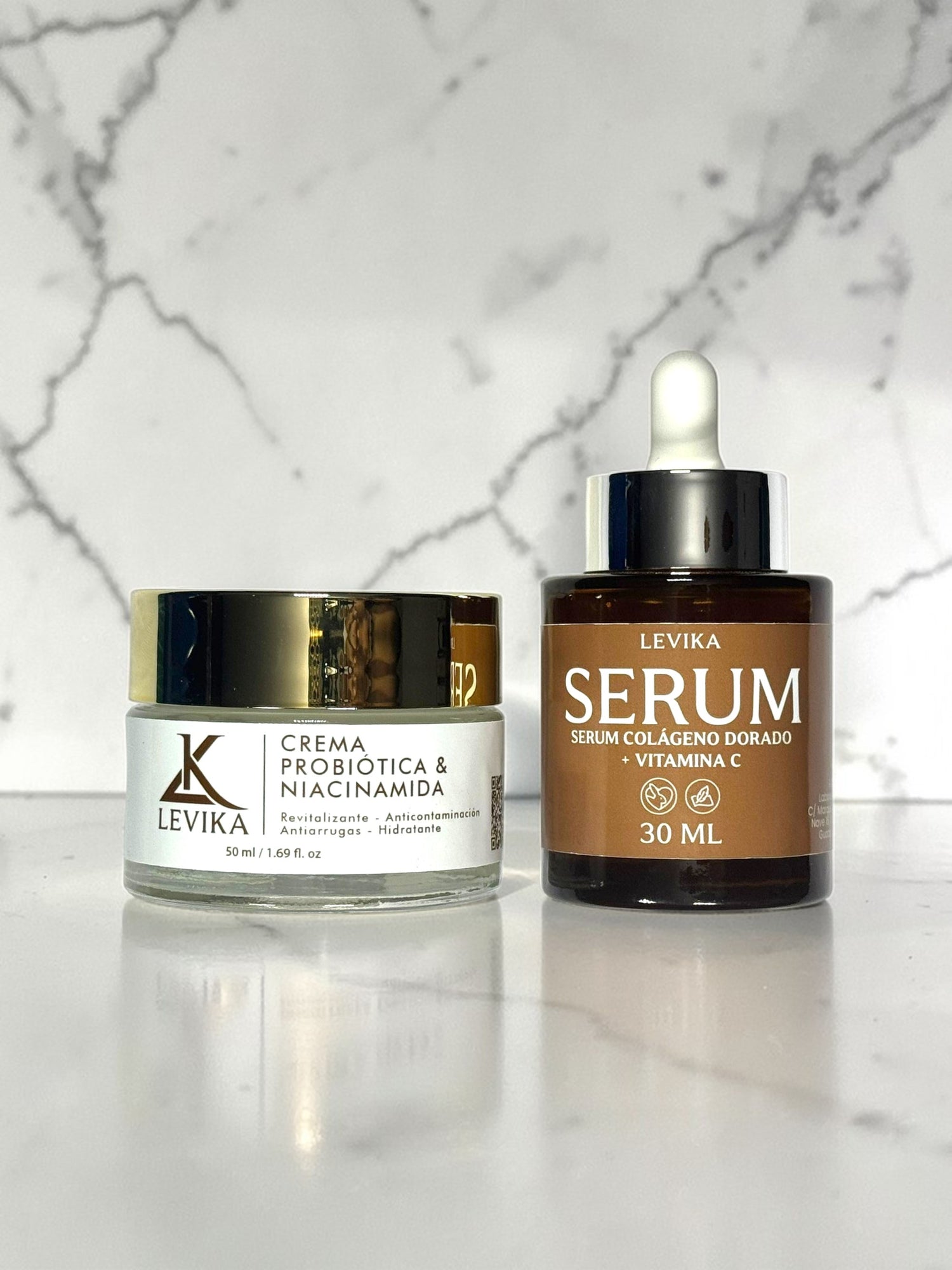 Dúo Luminosidad y Firmeza LEVIKA - Pack sérum colágeno y crema probiótica