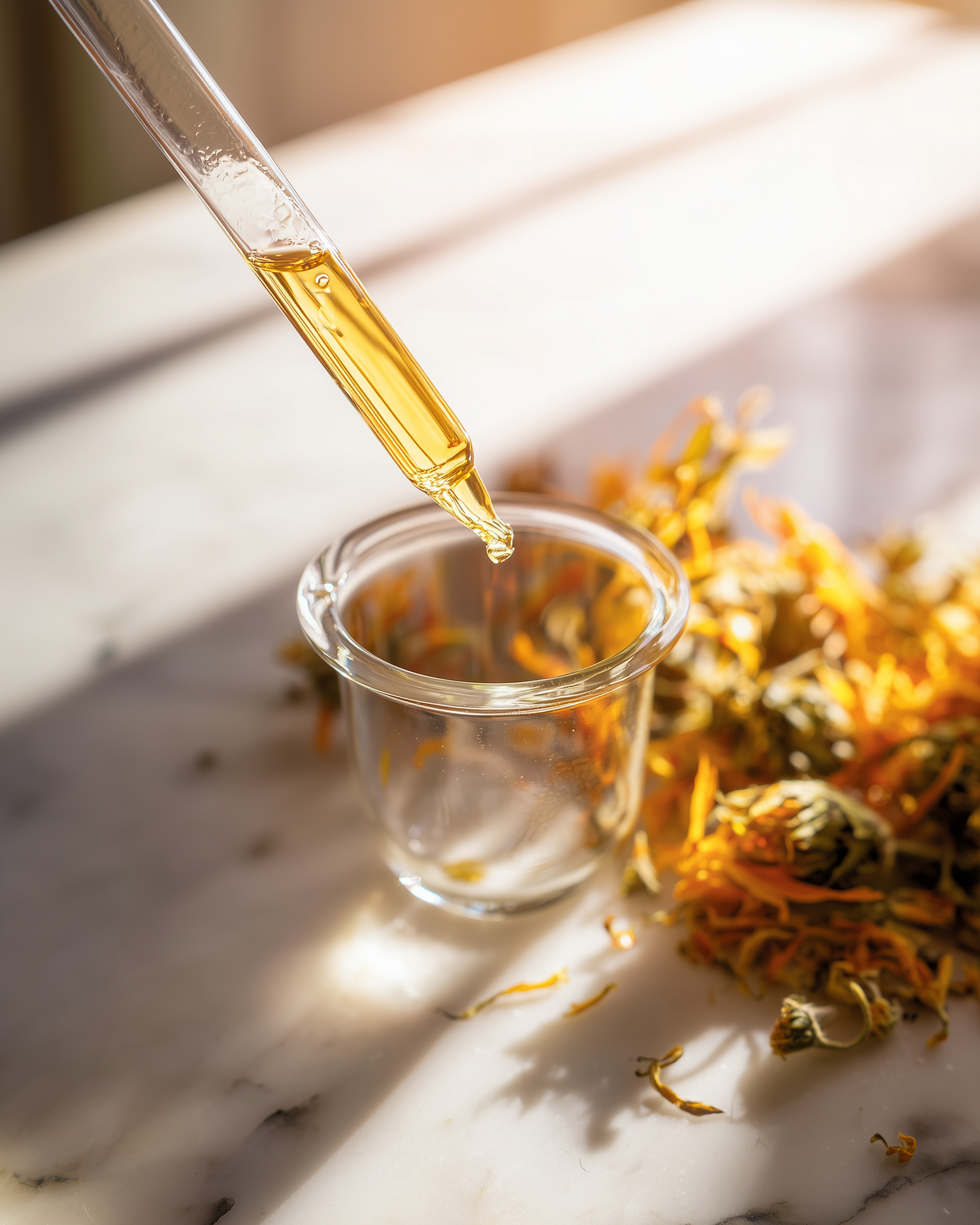 Pipeta de laboratorio con sérum dorado y caléndula sobre mármol - ciencia natural Levika