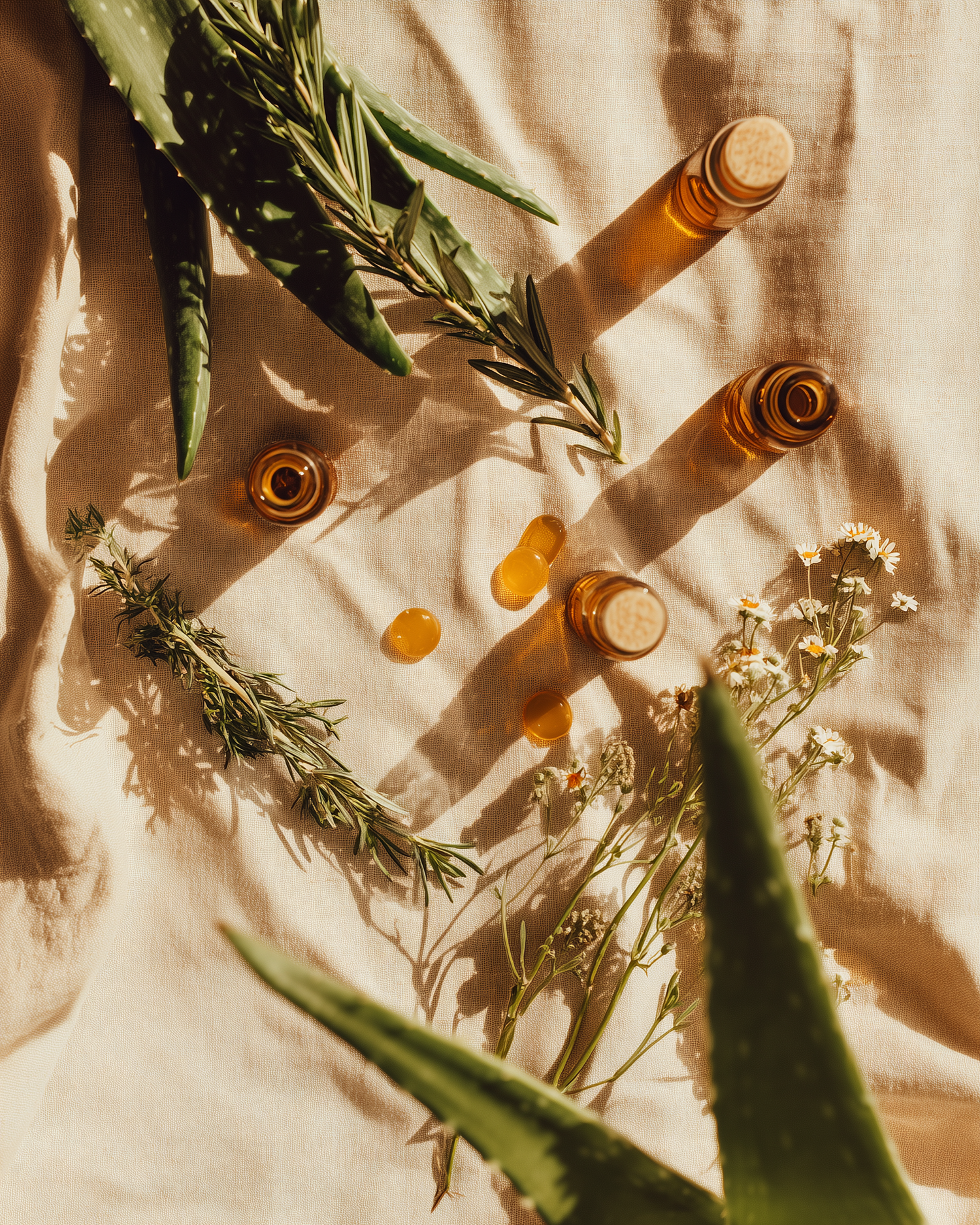 Ingredientes botánicos naturales con aceites esenciales en lino - origen de Levika